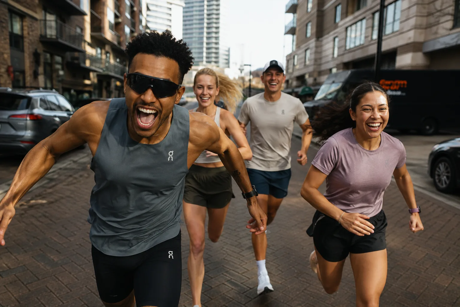 Four smiling runners training together on a city street