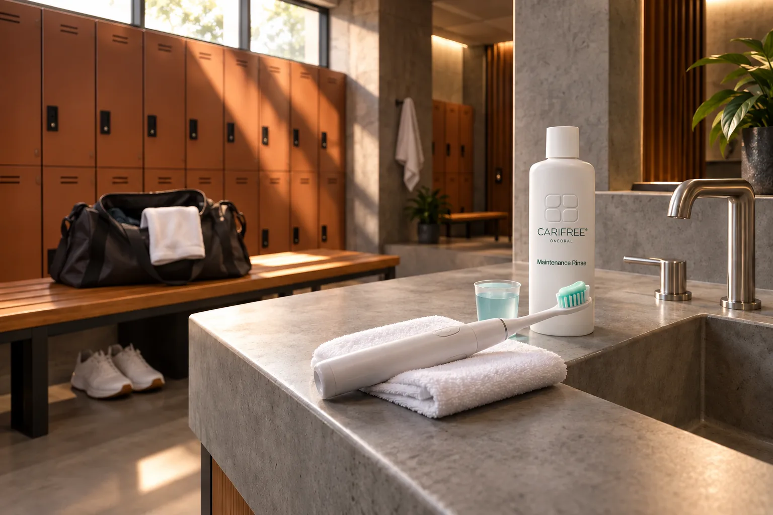 CariFree-branded Maintenance Rinse beside a toothbrush and rinse cup on a locker-room counter