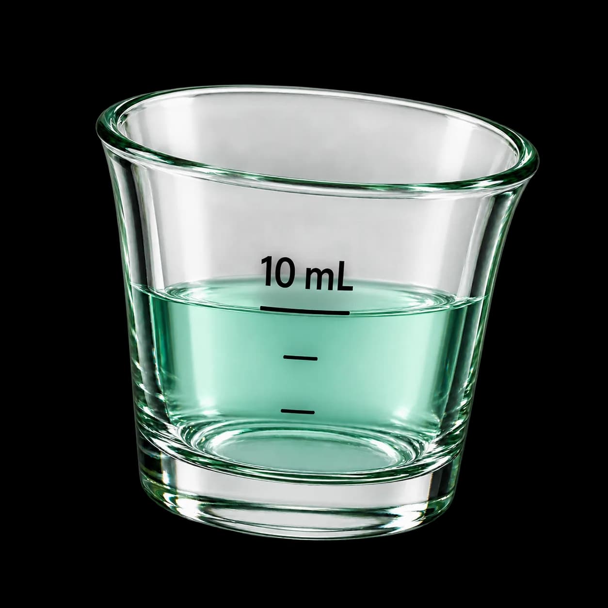 Clear glass rinse cup marked 10 mL holding a shallow pour of pale green rinse