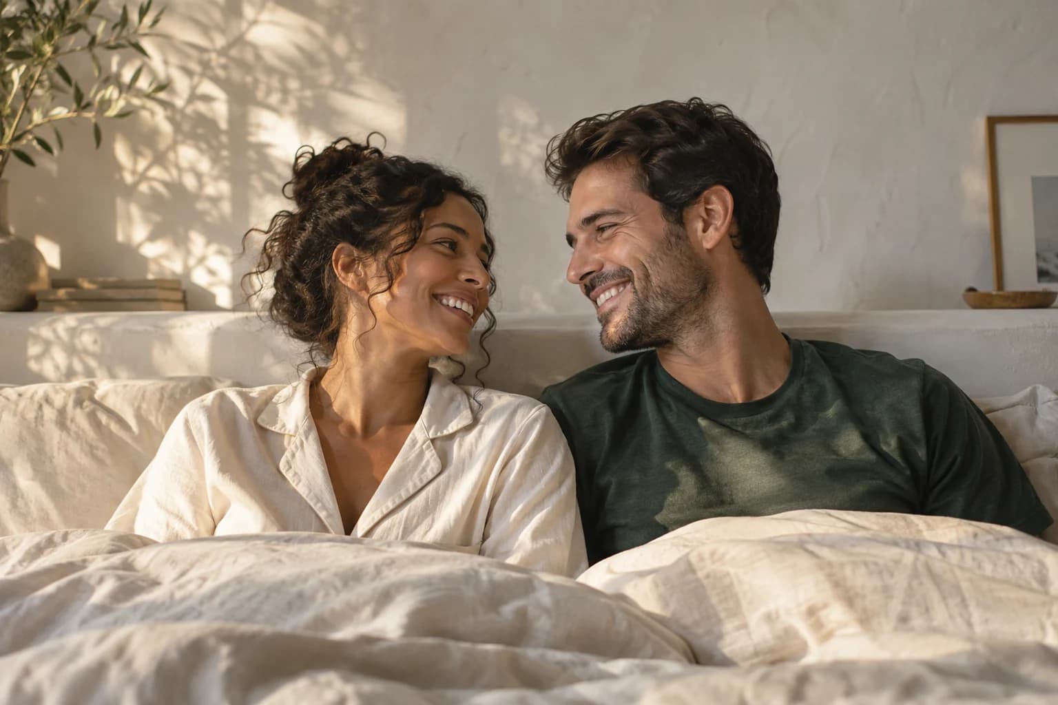 A couple sharing a smile in soft morning sunlight