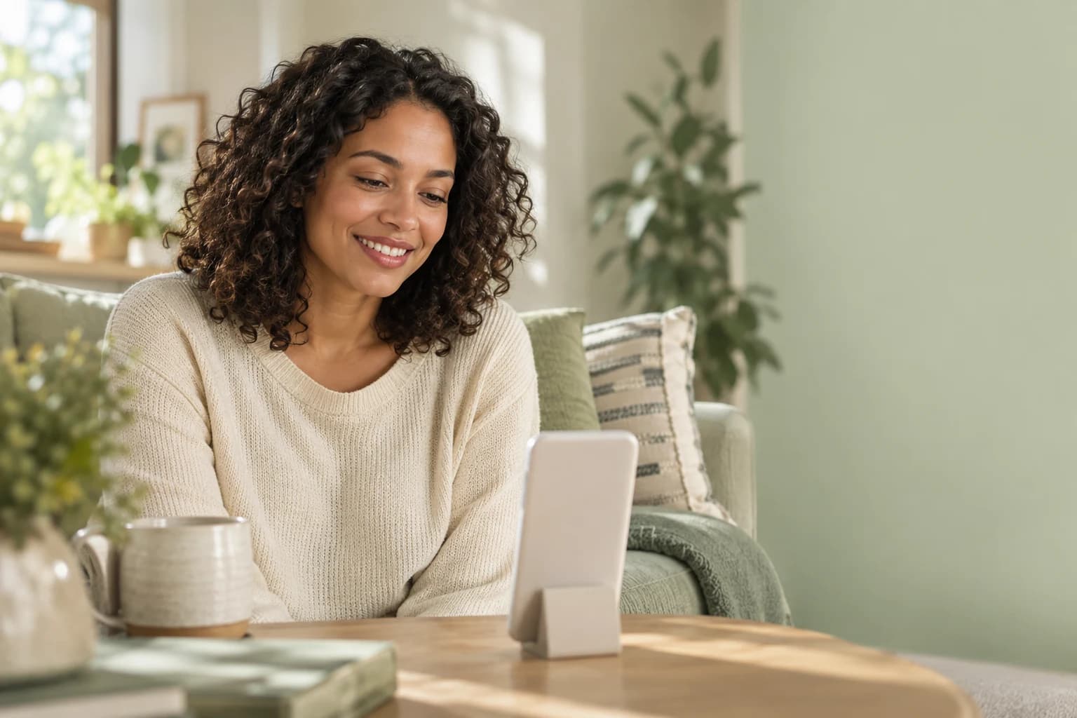 A woman comfortably talking toward a phone on a stand at home
