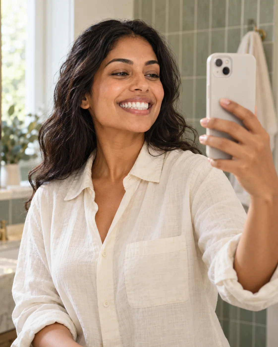 Photo-style illustration of a smiling woman at home holding up a phone to take a picture of her own smile