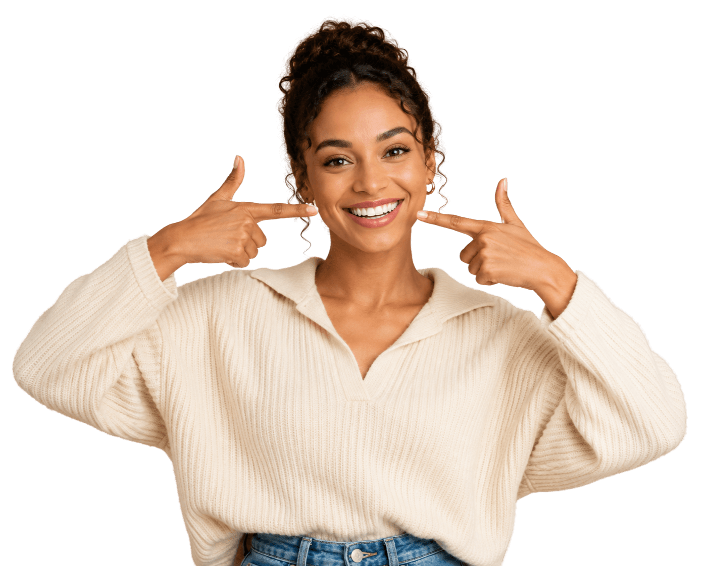 A woman pointing to her smile