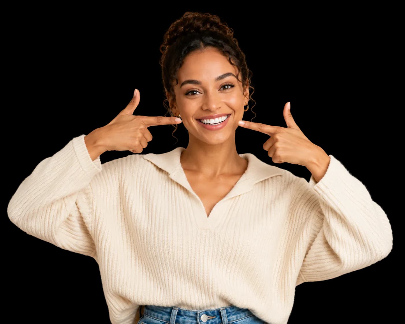 A woman pointing to her smile