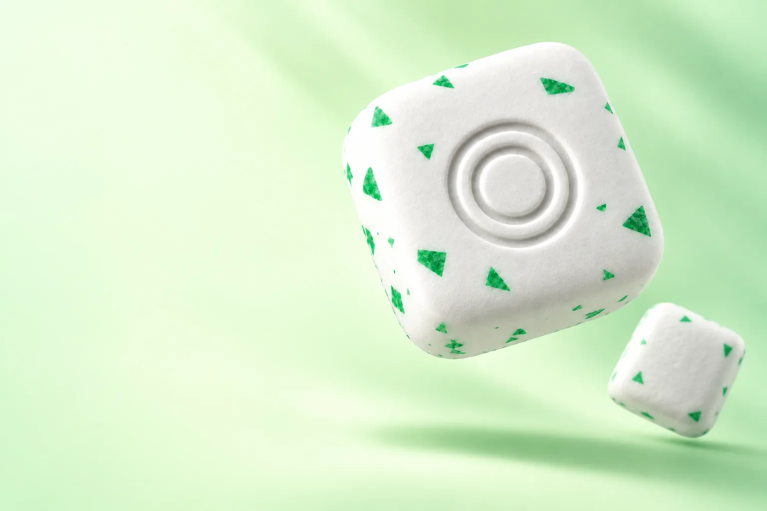 Illustrative white energy gum pieces with mint flecks and an embossed two-ring ONEORAL symbol floating in pale lime light