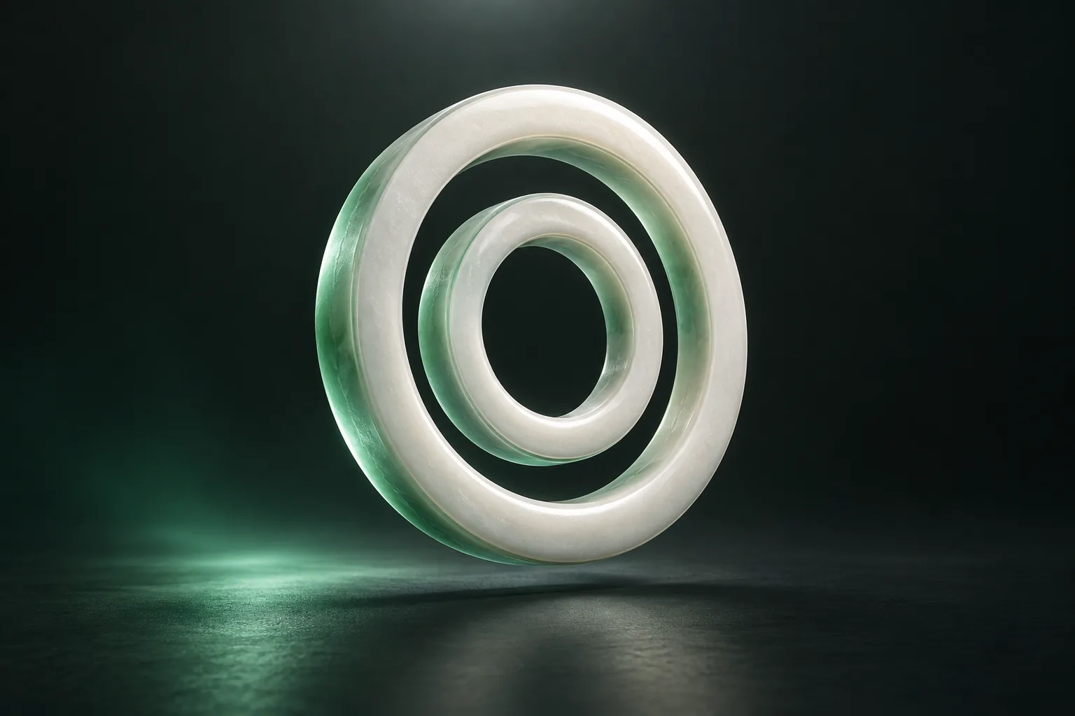 Sculptural pearl-white ONEORAL two-ring symbol floating in jade light against charcoal