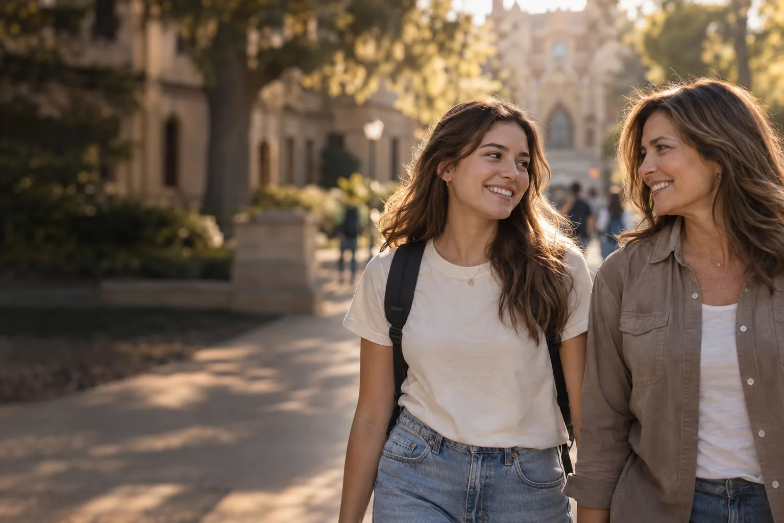 Mother and college-age daughter smiling together on a sunlit campus