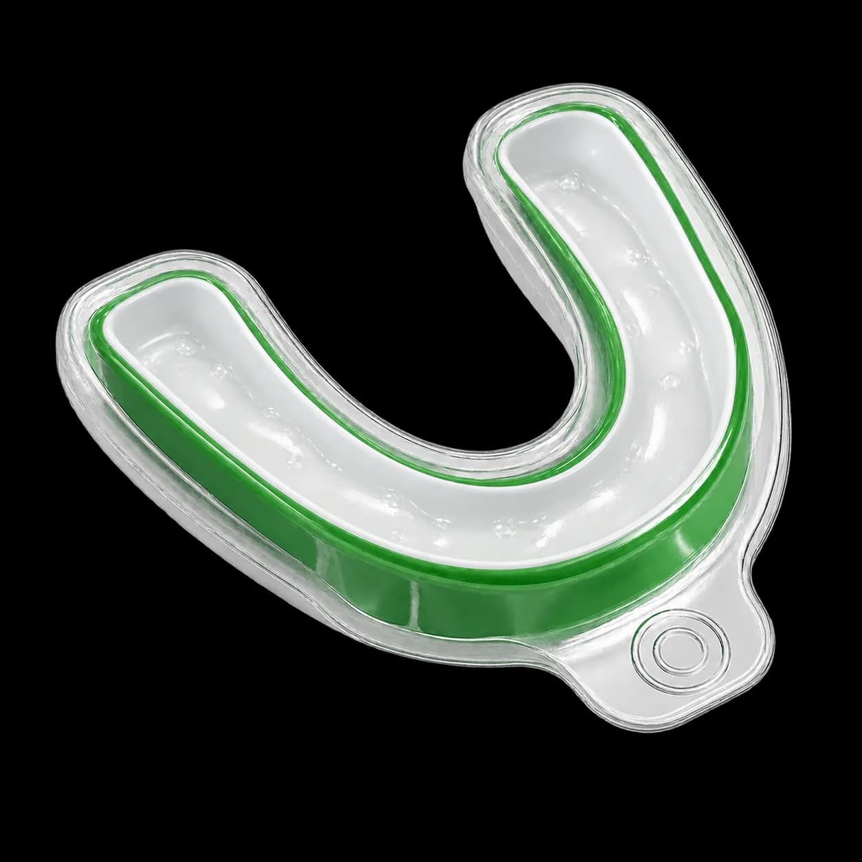 Green U-shaped whitening tray with a smooth white inner liner, glossy whitening gel, clear rim, and embossed double-ring tab