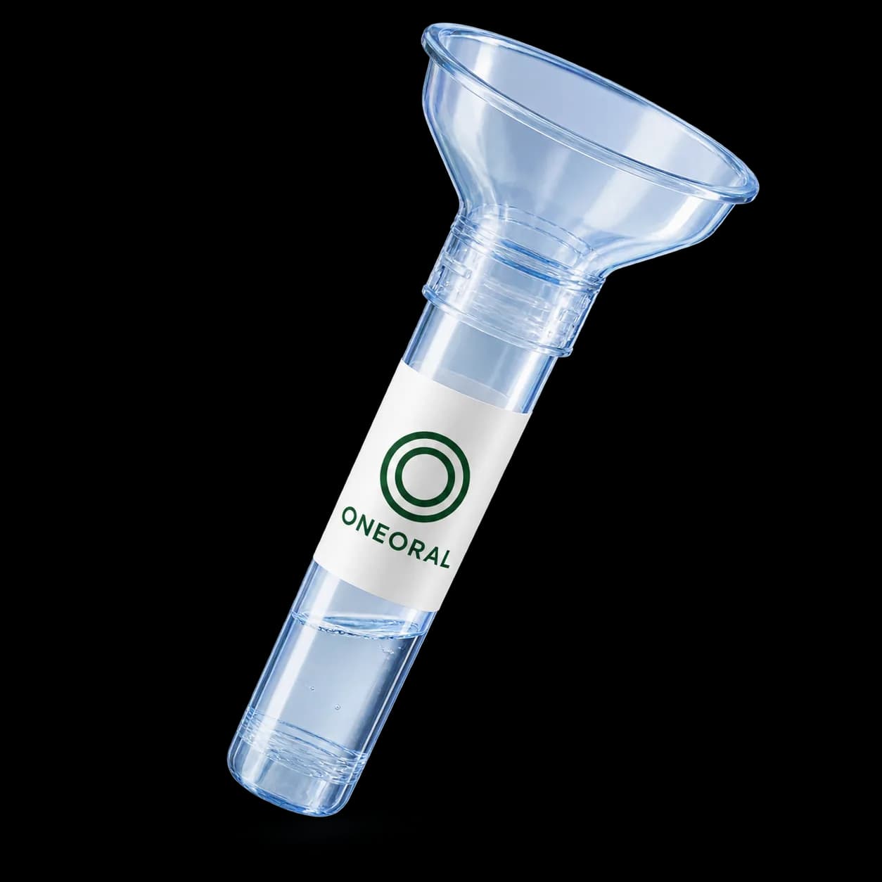 Clear saliva collection tube with a funnel, white ONEORAL label, and two green concentric rings, floating diagonally