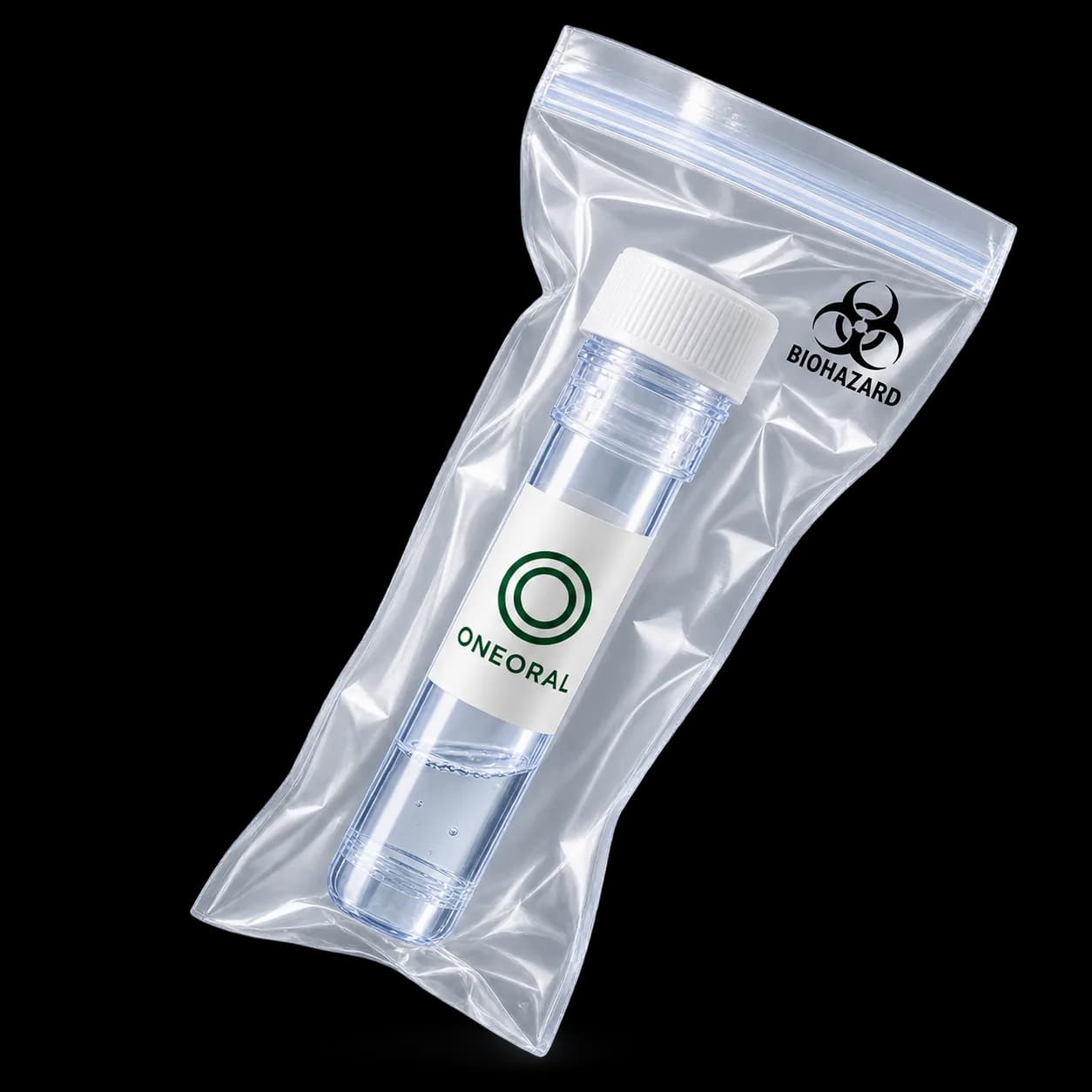 A capped ONEORAL saliva sample tube inside a sealed clear biohazard specimen bag