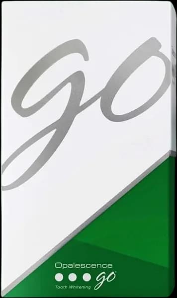 Opalescence Go tooth whitening box, white with a silver go script and a green lower corner