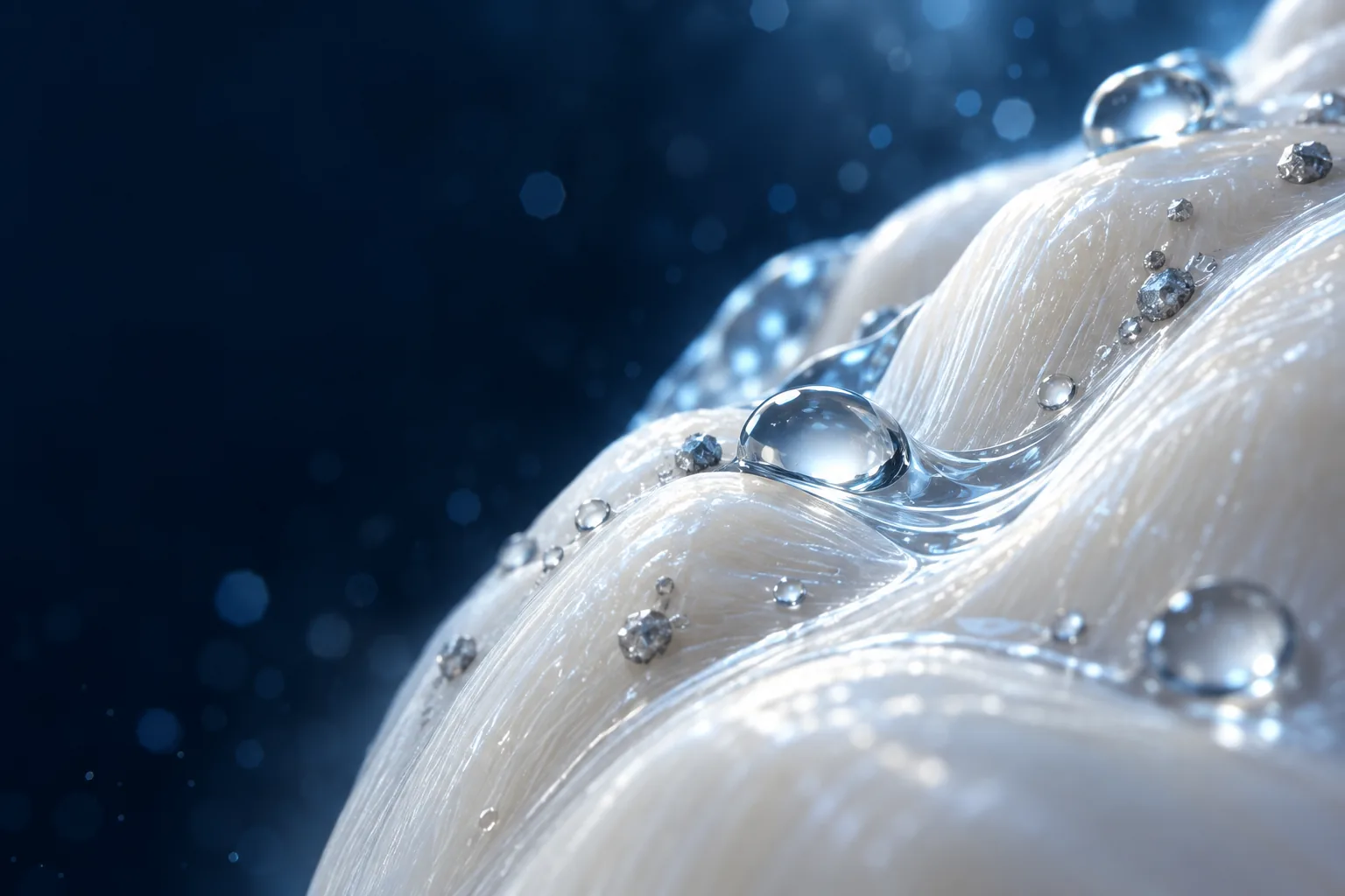Conceptual macro illustration of clear droplets and mineral-like particles on a pearlescent enamel-like surface against midnight blue