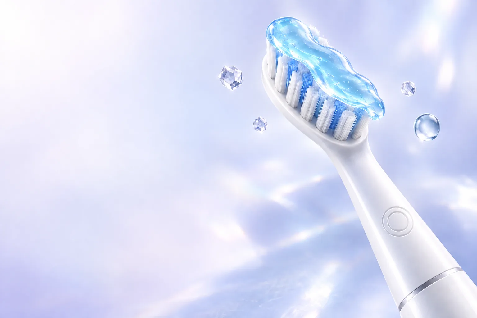 Illustrative single white ONEORAL toothbrush with an embossed two-ring logo and a full ribbon of translucent blue gel across the bristles