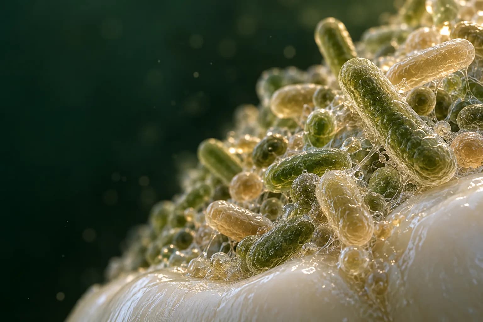Conceptual macro illustration of a textured oral biofilm in olive light