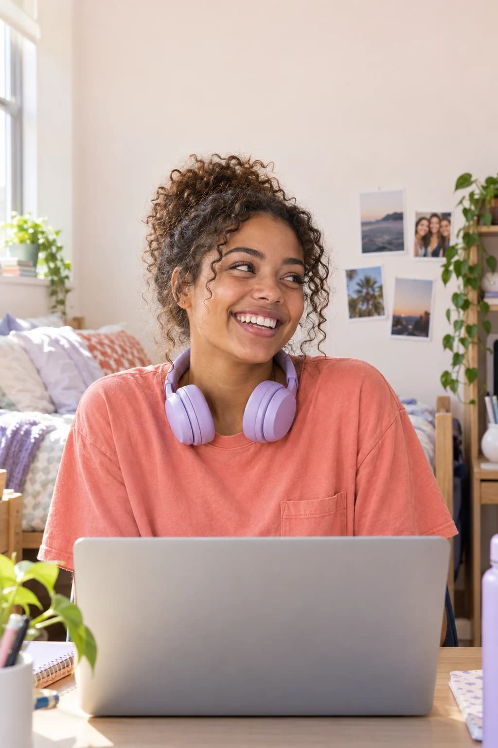 A college student with headphones and a laptop in her bright dorm room