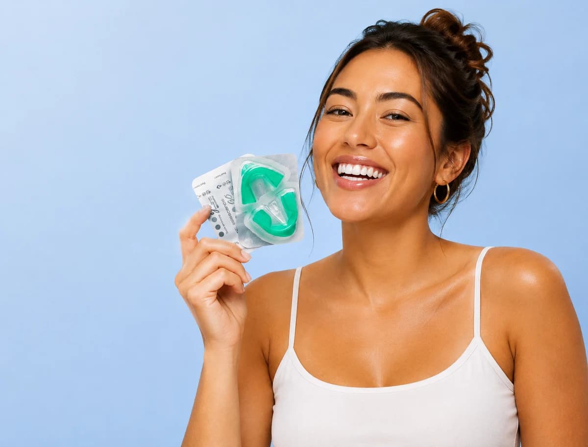 Smiling woman holding a sealed Opalescence Go whitening tray pack