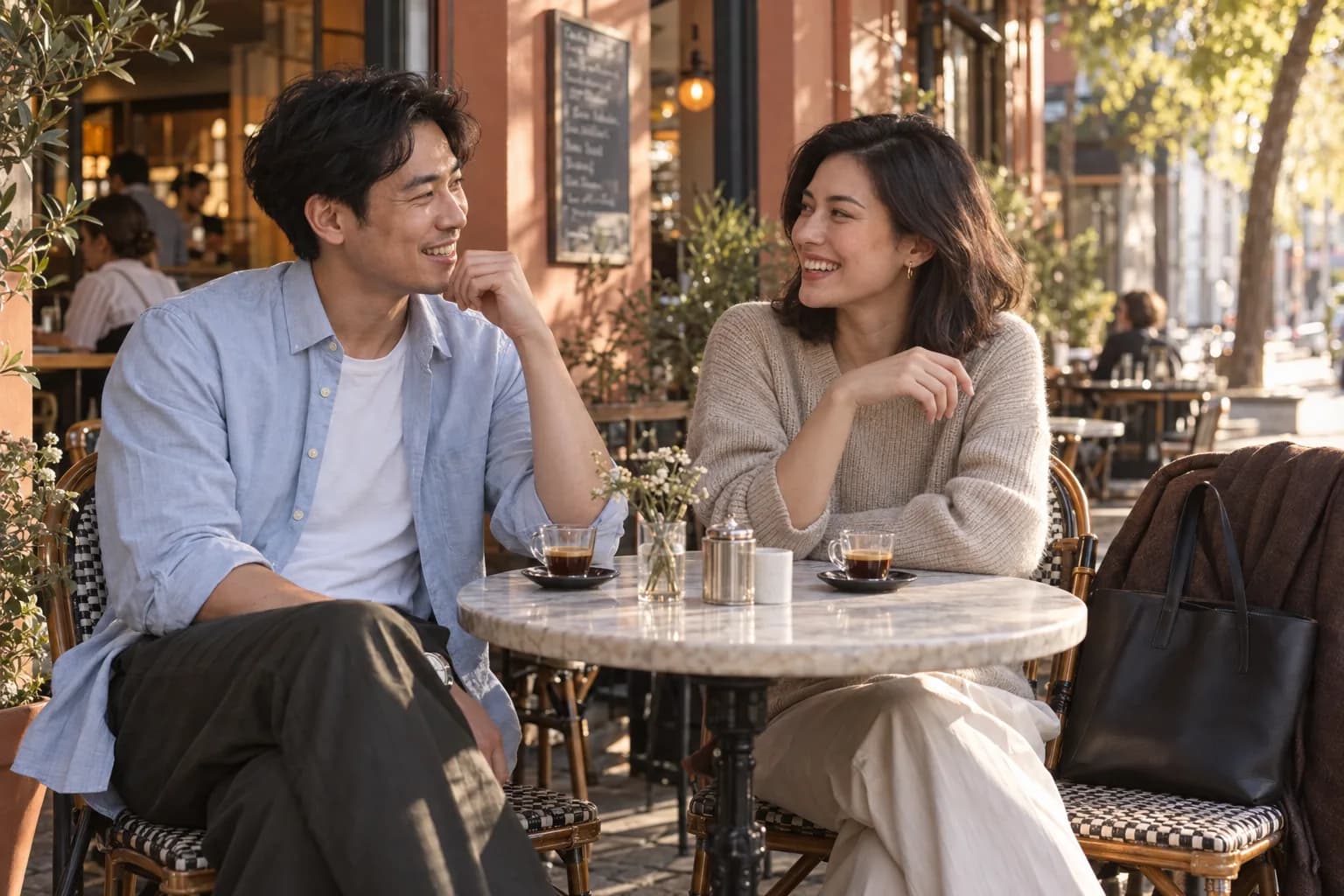 Two friends smiling across a cafe table with their work bag and jacket on a nearby chair