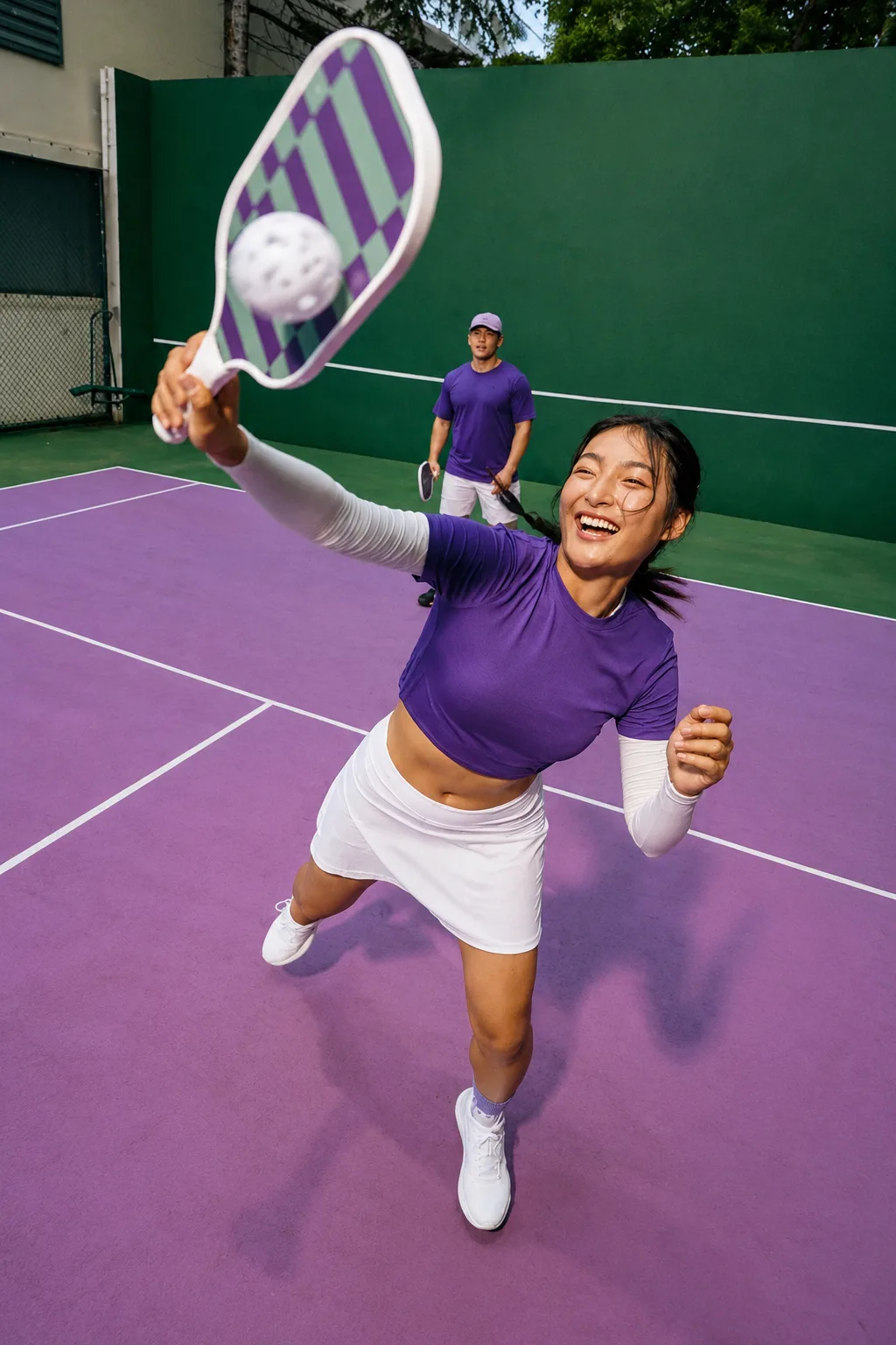 A pickleball player laughing mid-swing on a purple court