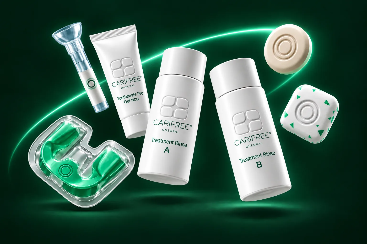 CariFree-branded rinse bottles and toothpaste with ONEORAL mint, gum, saliva tube and whitening tray floating in emerald light