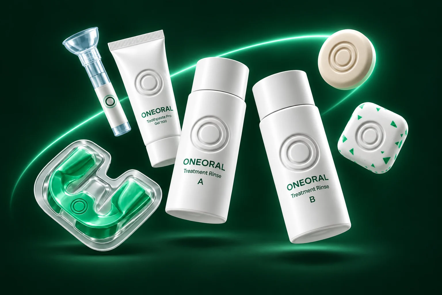 Illustrative ONEORAL rinse bottles, toothpaste, mint, gum, saliva collection tube and whitening tray floating in emerald light