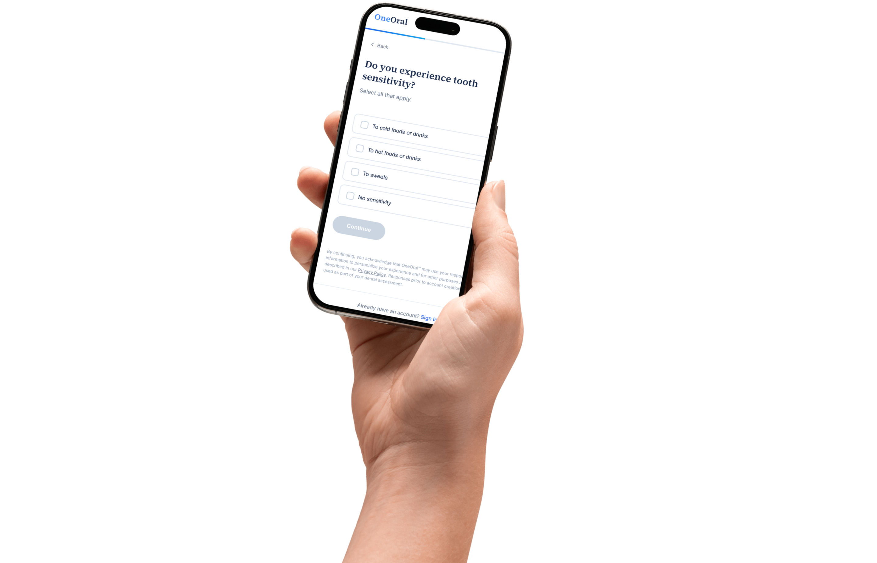 Hand holding phone showing OneOral assessment
