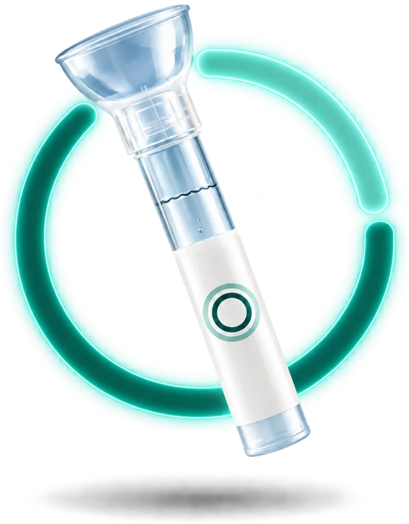 A saliva collection tube with a funnel top, in front of a glowing teal ring