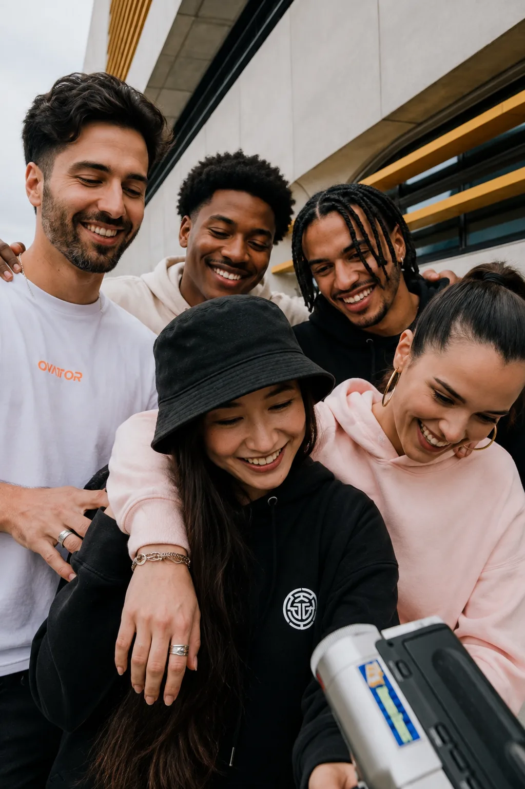 Friends crowding in for a group photo, all smiling