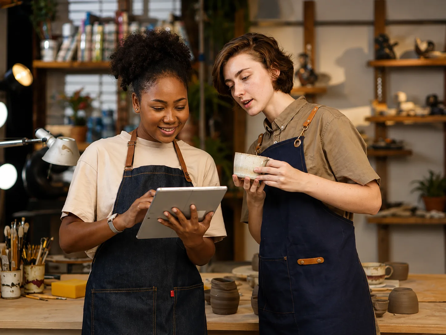 Two coworkers leaning in over a tablet together in a ceramics studio