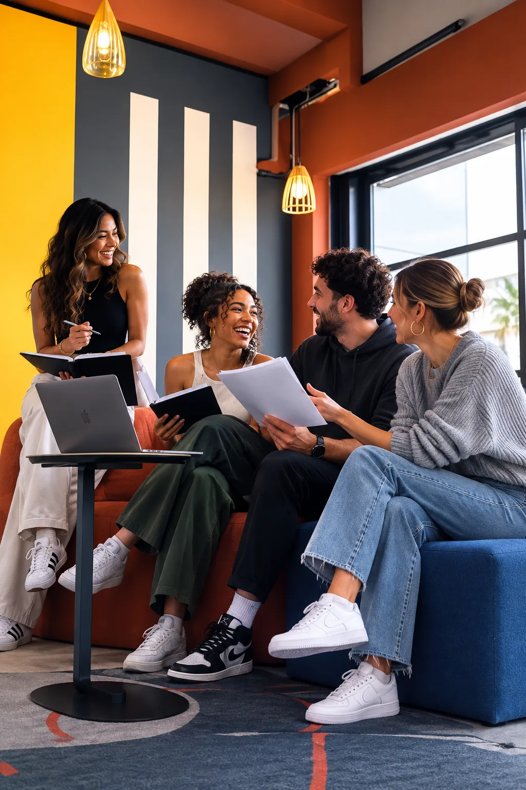 Coworkers laughing together during a casual meeting